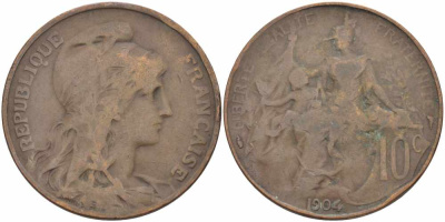 ФРАНЦИЯ 10 САНТИМОВ 1904 ТИП ДАНИЭЛЬ ДЮПЮИ KM 843, LA FRANC 136.14 бронза 109-216