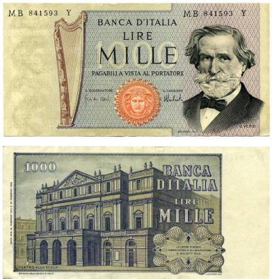 Италия 1000 лир 1973 Джузеппе Верди, Милин Ла Скала Pick 101c бумага 6280-70-2-2