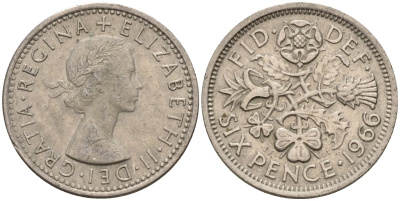 Великобритания 6 пенсов 1966 Елизавета II (1952-2022) KM 903, Spink 4149 медно-никель 4596-1049