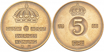 Швеция 5 эре 1966 U, Густав VI Адольф (1950-1973) КМ 822 бронза 77-533
