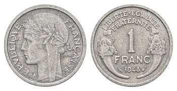 Франция 1 франк 1948 KM 885a алюминий 4539-914