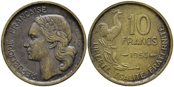 Франция 10 франков 1951 петух KM 915.1, Le Franc 363.4 алюминиевая бронза 4171-152