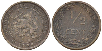 НИДЕРЛАНДЫ 1/2 ЦЕНТА 1906 ВИЛЬГЕЛЬМИНА I (1891-1948) KM 133 бронза 4547-1238