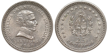 Уругвай 25 сентесимо 1960 KM 40 медно-никель 4580-1219