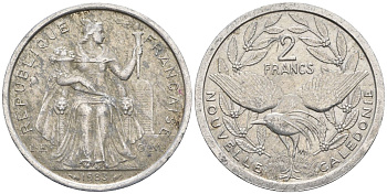 Французская Новая Каледония 2 франка 1983 птица кагу, (IEOM) KM 14, Schoen 11, Lec 63 алюминий    27-615