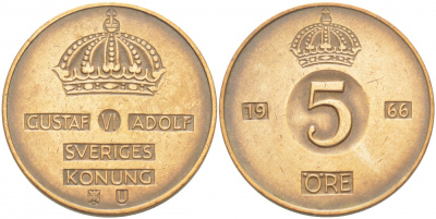Швеция 5 эре 1966 U, Густав VI Адольф (1950-1973) КМ 822 бронза 77-533