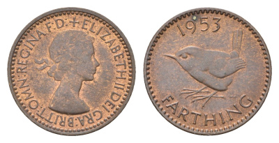Великобритания 1 фартинг 1953 Елизавета II (1952-2022) KM 881, Spink 4156 бронза 4659-833
