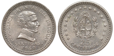 Уругвай 25 сентесимо 1960 KM 40 медно-никель 4580-1219