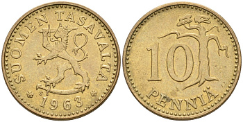 ФИНЛЯНДИЯ 10 ПЕННИ 1963 S KM 46 алюминиевая бронза 192-254