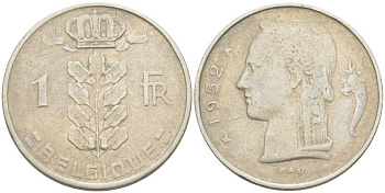 БЕЛЬГИЯ 1 ФРАНК 1952 BELGIQUE, БОДУЭН I (1951-1993) KM 142.1 медно-никель 213-455