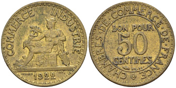 Франция 50 сантимов 1922 тип Chambre de Commerce KM 884, Le Franc 191.5 алюминиевая бронза 4551-323
