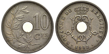 БЕЛЬГИЯ 10 САНТИМОВ 1902 BELGIQUE, ЛЕОПОЛЬД II (1865-1909) KM 48 медно-никель 27-913