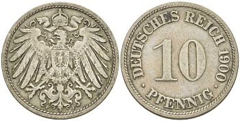 ГЕРМАНИЯ 10 ПФЕННИГОВ 1900 F KM 12, J. 13, Weege 8 медно-никель 261-1347