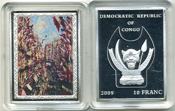 Конго 10 франков 2009 серия шедевры мировой живописи, КЛОД МОНЕ, RUE MONTORGUEIL FESTIVAL, серебрение, размер 35Х46 мм., цветная эмаль медно-никель PROOF M43-10