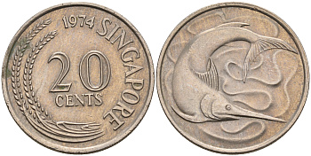 Сингапур 20 центов 1974 голубой марлин, тунец KM 4 медно-никель    4116-413