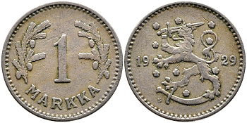 ФИНЛЯНДИЯ 1 МАРКА 1929 S KM 30 медно-никель 4388-956