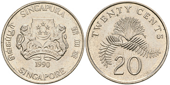Сингапур 20 центов 1990 KM 52 медно-никель 4364-2536