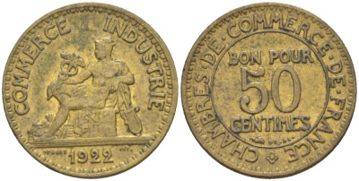 Франция 50 сантимов 1922 тип Chambre de Commerce KM 884, Le Franc 191.5 алюминиевая бронза 4551-323
