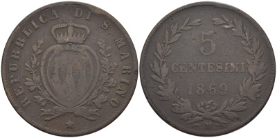 Сан-Марино 5 чентезимо 1869 М KM 1 медь 4681-712