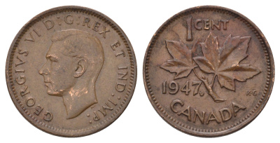 Канада 1 цент 1947 Leaf, Георг VI (1936-1952), кленовый лист KM 32 бронза 4689-321