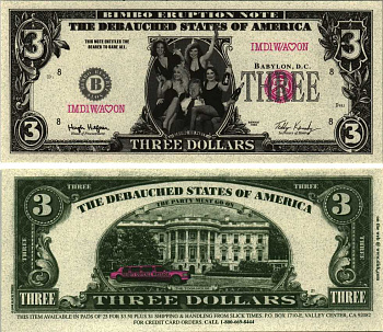 США 3 ДОЛЛАРА 1996 СУВЕНИРНАЯ БАНКНОТА, БИЛЛ КЛИНТОН, ВЕЧЕРИНКА С МАССАЖИСТКАМИ, НАДПИСЬ THE DEBAUCHED STATES OF AMERICA бумага UNC (ПРЕСС) 7198-34-4-1