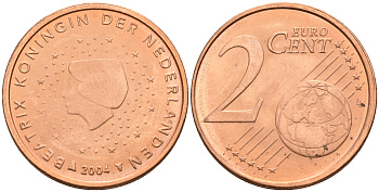 Нидерланды 2 евроцента 2004  КМ 235 сталь плакированная медью UNC   4160-1151