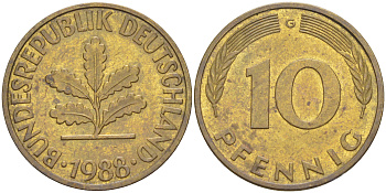 ФРГ 10 пфеннигов 1988 G KM 108, J. 383 сталь плакированная латунью 3459-125