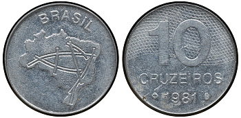 БРАЗИЛИЯ 10 КРУЗЕЙРО 1981 KM 593.1 сталь aUNC 72-1436