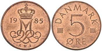 ДАНИЯ 5 ЭРЕ 1985 R; B, МАРГРЕТЕ II (1972-) KM 859.3 железо плакированное медью 4564-1169
