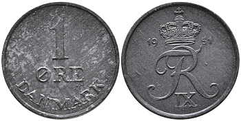 Дания 1 эре 1951 N; S, Фредерик IX (1947-1972) KM 839.1 цинк 100-655