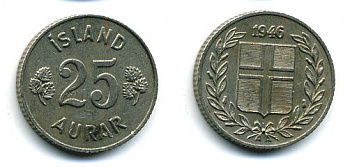 Исландия 25 эйре 1946 KM 11 медно-никель 46-2431