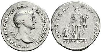 Римская Империя денарий 112 - 114 Траян SPQR OPTIMO PRINCIPI ALIM ITAL Абунданция, персонификация Изобилия, слева ребенок Рим Very fine RIC 243 серебро 1073-4-2-2