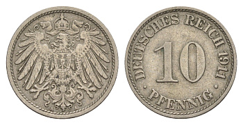 Германия 10 пфеннигов 1911 A, Вильгельм II (1888-1918) KM 12, J. 13 медно-никель 4644-1211