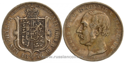 Брауншвейг-Каленберг-Ганновер 1 талер 1856 В, Георг V (1851-1866) КМ 220, Welter 3187, Thun 170, AKS 158, Jaeger 86, Kahnt 237, Davenport 678 серебро 00-00