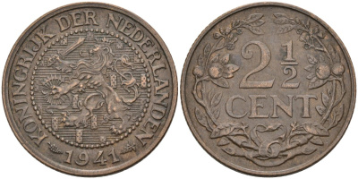 Нидерланды 2 1/2 цента 1941 Вильгельмина (1890-1948) KM 150 бронза 4575-853