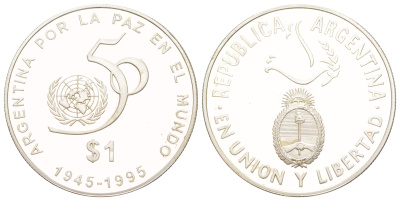 Аргентина 1 песо 1995 50 лет ООН, тираж 500 экземпляров KM 126 серебро PROOF 00-903-06