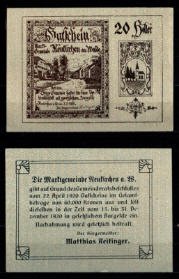 Австрия, Нойкирхен-ам-Вальде 20 геллеров 1920 Jaksc/Pick JPR0655a-20 бумага 2193-21-1-1