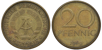 ГДР 20 пфеннигов 1969 А, первый год KM 11 латунь 62-1032
