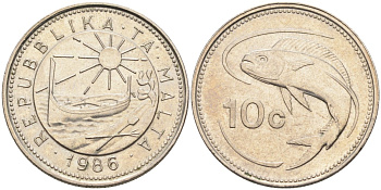 Мальта 10 центов 1986 золотая макрель KM 76 медно-никель 4588-147