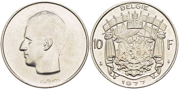 БЕЛЬГИЯ 10 ФРАНКОВ 1977 BELGIE, БОДУЭН I (1951-1993) KM 156.1 никель 4110-1423