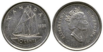 КАНАДА 10 ЦЕНТОВ 1998 ПАРУСНИК, ЕЛИЗАВЕТА II KM 183 никель 46-2141