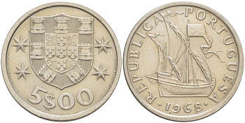 ПОРТУГАЛИЯ 5 ЭСКУДО 1968 ПАРУСНИК KM 591 медно-никель 4519-816