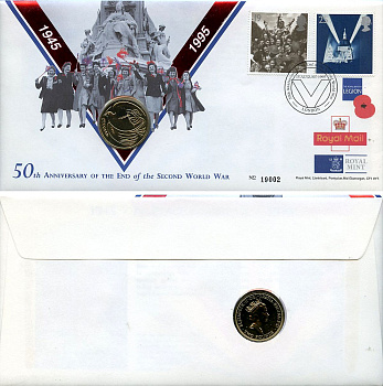 Великобритания 2 фунта 1995 50 лет победе во Второй Мировой Войне, в оригинальном конверте, с марками, первый день гашения KM 970, Spink K5 никель латунь BU 4-3-8-05