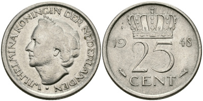 НИДЕРЛАНДЫ 25 ЦЕНТОВ 1948 ВИЛЬГЕЛЬМИНА KM 178 никель 96-111
