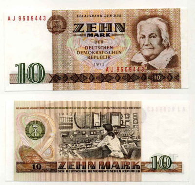 ГДР 10 МАРОК 1985 7 ЦИФР В НОМЕРЕ, КЛАРА ЦЕТКИН Pick 28b бумага UNC (ПРЕСС) 8589-41-2-2