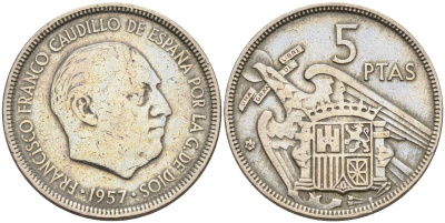 Испания 5 песет 1957 (62) Франсиско Франко (1939-1975) KM 786 медно-никель    4143-214