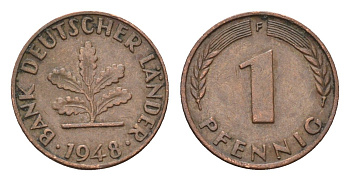 ФРГ 1 пфенниг 1948 F KM A101, J. 376 сталь плакированная бронзой 4651-518