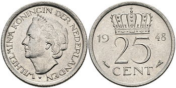 НИДЕРЛАНДЫ 25 ЦЕНТОВ 1948 ВИЛЬГЕЛЬМИНА KM 178 никель 176-851