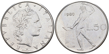 Италия 50 лир 1989 R, Бог огня Вулкан у наковальни KM 95.1 нержавеющая сталь 4529-351