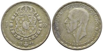 Швеция 1 крона 1942 G, Густав V (1907-1950) KM 814 серебро 177-936